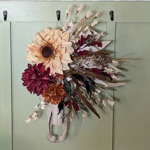 Floral Cow Skull Wall Decor with Burgundy and Cream Accents